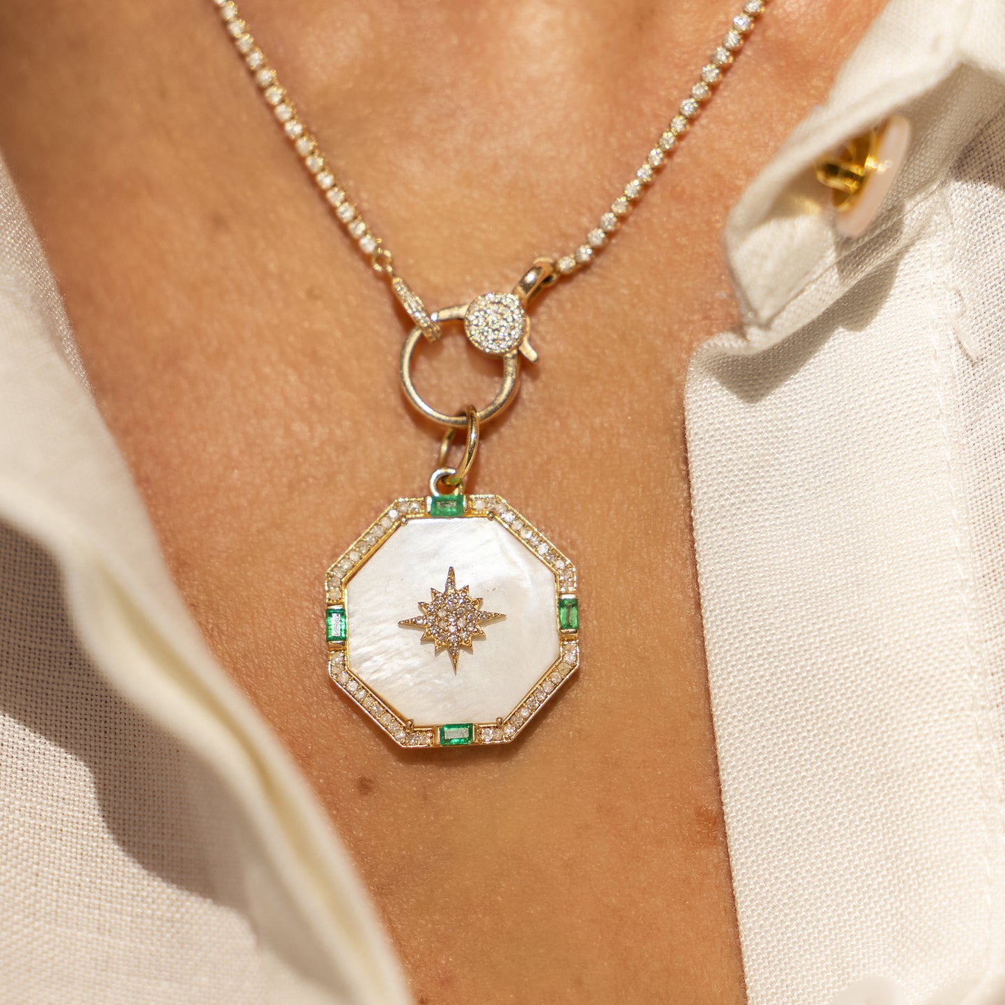 Mother of Pearl Diamonds & Emerald Octagon Pendant