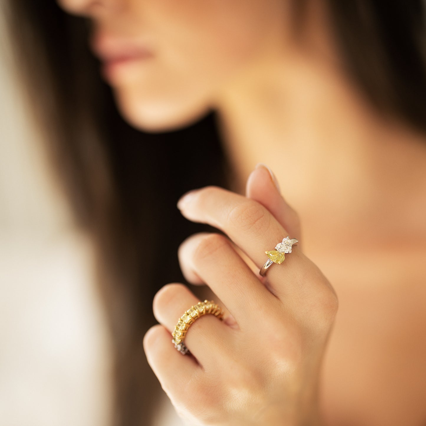 Heart and Pear Yellow and White Diamond Ring