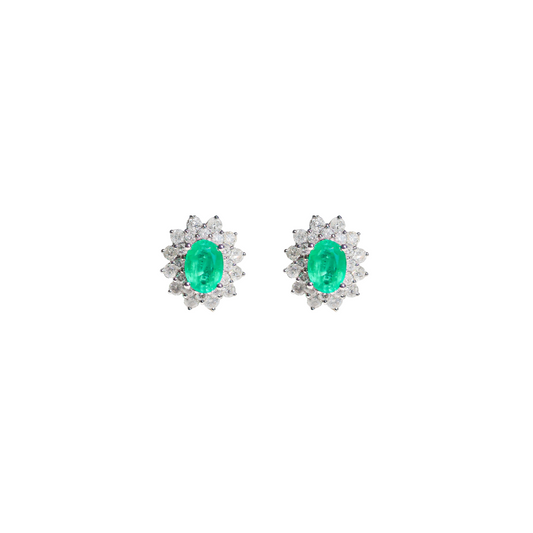 Oval Emerald with Diamond Halo Studs