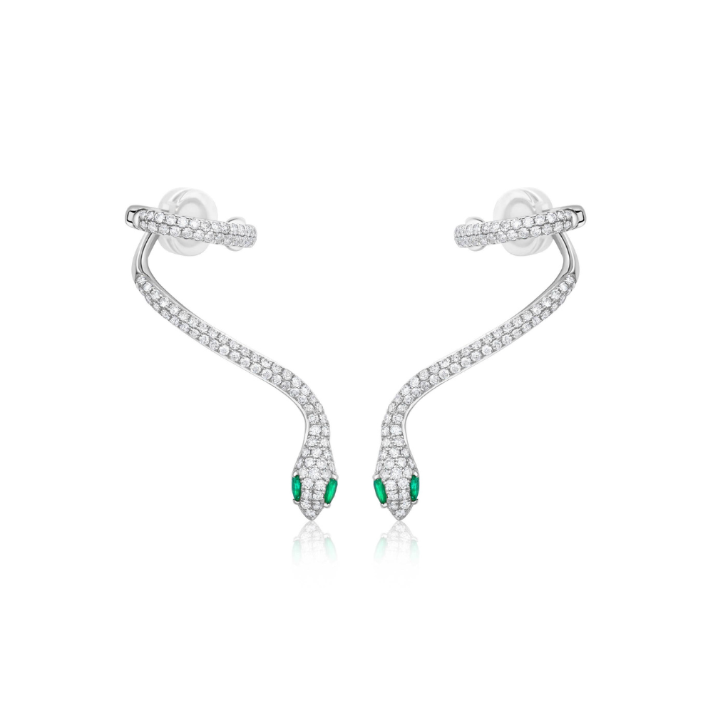 Pave Diamond & Emerald Long Snake Earrings