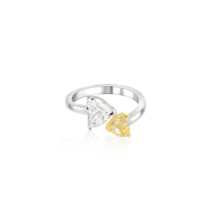 Double Heart Yellow and White Diamond Open Ring