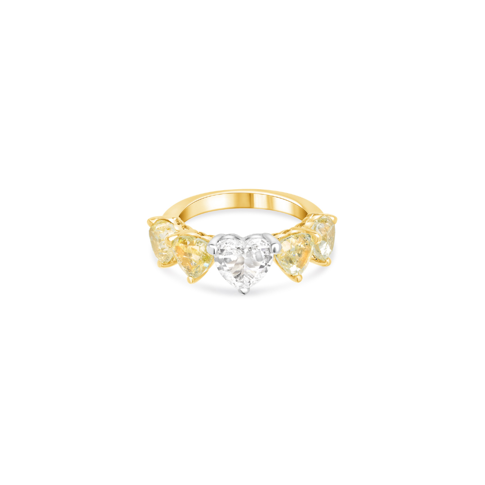 Five Hearts Yellow and White Diamond Ring