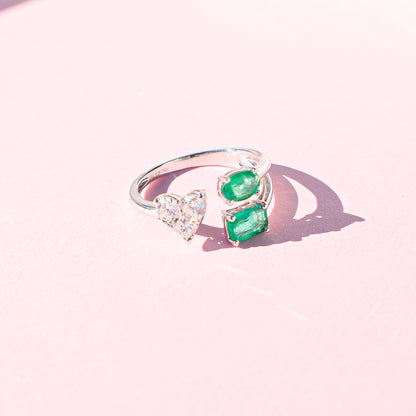 Heart Diamond & Emeralds Open Ring