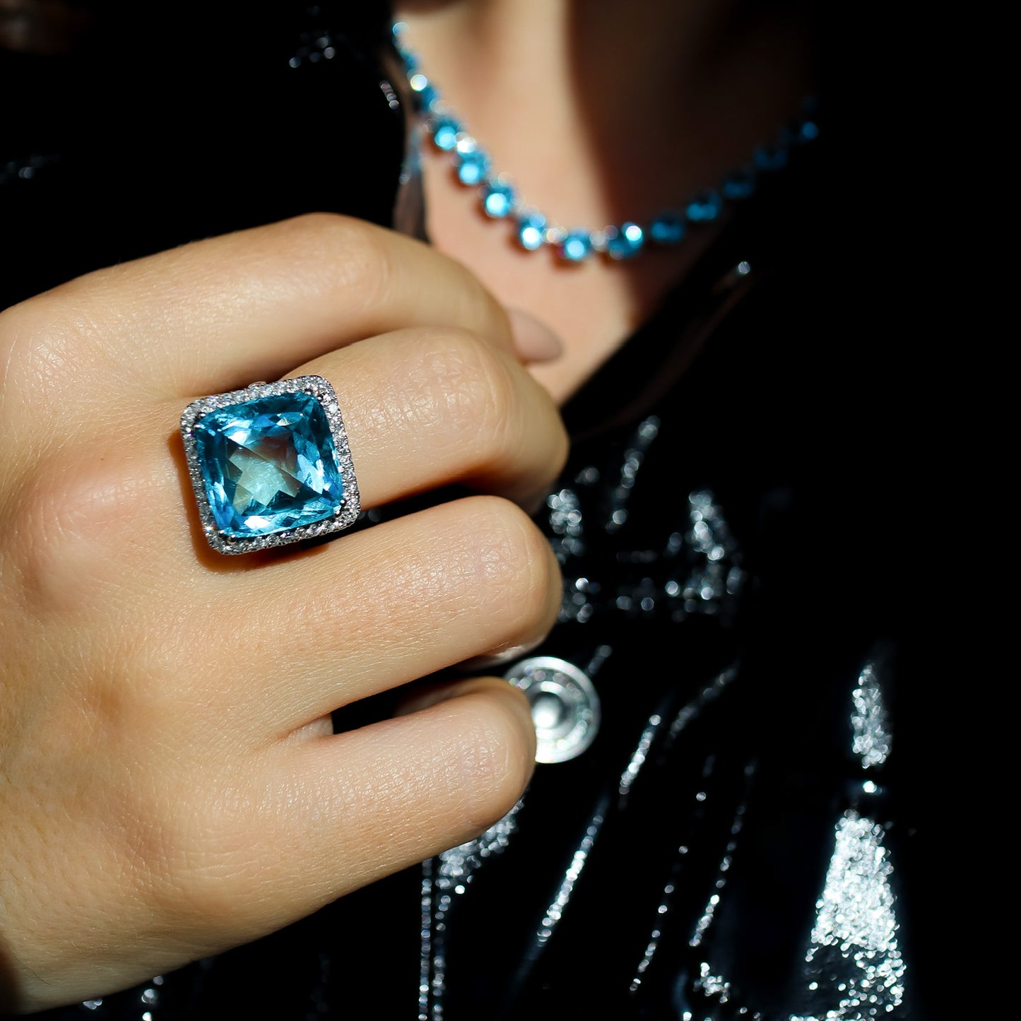 Square Blue Topaz and Diamond Ring