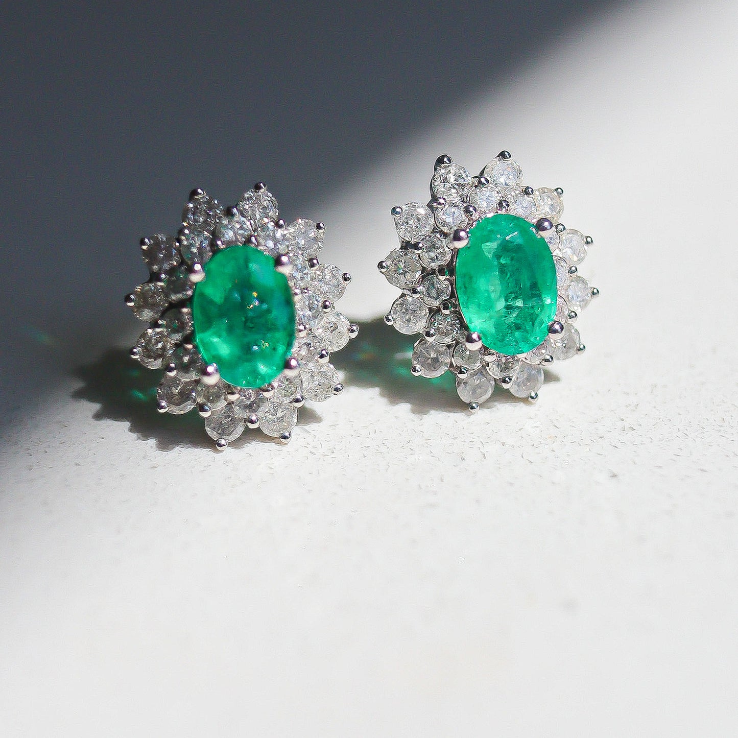 Oval Emerald with Diamond Halo Studs