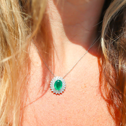 Oval Emerald with Diamond Halo Necklace