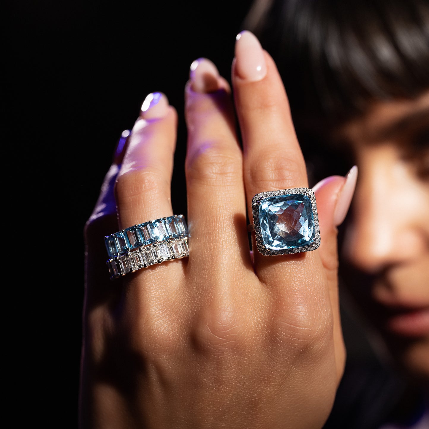 Square Blue Topaz and Diamond Ring
